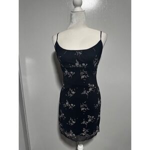 Vintage Floral Mini Dress Black Sleeveless‎ Spaghetti Strap Party Cocktail Small